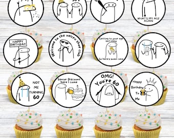 Puede incluir: Un conjunto de 10 adornos redondos para cupcakes con ilustraciones divertidas y texto relacionado con cumplir 60 años. Los adornos están impresos en cartulina blanca y tienen un contorno negro. El texto incluye frases como "Feliz cumpleaños a mí", "No soy yo quien cumple 60", "Descuento de senior, aquí estoy", "¡Oh, Dios mío! Tienes 60", "Vete, jovencitos", "¿Cuál es mi edad de nuevo", "Bienvenido al club de los zapatos de velcro", "Llegar a tu edad no es fácil, así que aquí tienes un poco de pastel", y "50's".