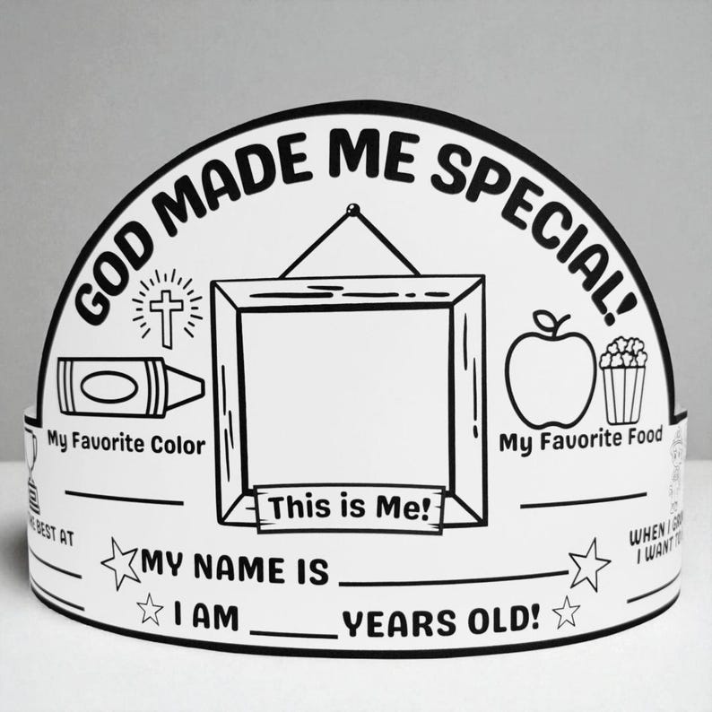 May include: A monochrome paper crown with the words "GOD MADE ME SPECIAL!" and spaces to write "My Favourite Colour," "My Favourite Food," and "This is Me!" Features a cross, crayon, apple, and popcorn illustrations.