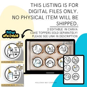 May include: Digital cake topper designs with the text "Not Me Turning 30" and other age-related graphics. The image includes a tablet and a laptop displaying the designs, along with two physical cake toppers.