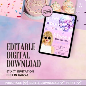 May include: Editable digital invitation for a 10th birthday party. The invitation features a purple and pink background with a disco ball, butterflies, and a portrait of a girl wearing sunglasses. The text "in my birthday era" and "Olivia's 10th Version" are included. The invitation is 5 inches by 7 inches and can be edited in Canva.