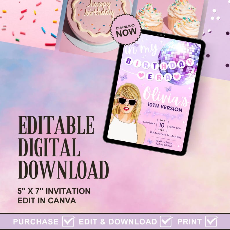 May include: Editable digital invitation for a 10th birthday party. The invitation features a purple and pink background with a disco ball, butterflies, and a portrait of a girl wearing sunglasses. The text "in my birthday era" and "Olivia's 10th Version" are included. The invitation is 5 inches by 7 inches and can be edited in Canva.