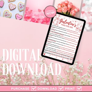 May include: A digital download for a Galentine's Day game called "Pass the Gift". The game instructions are written in pink and red text on a white background with a pink and red floral border. The text includes instructions for passing the gift to different people based on various criteria.