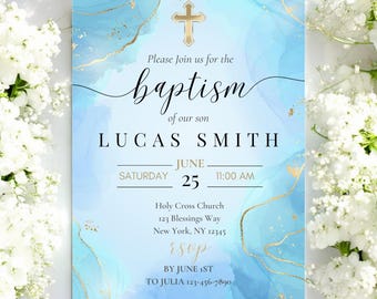 Baptism Invitation, Baptism Invitation Boy, Boy Baptism Invite, Christening Invitation, Christening Invitation Blue, Editable Invitation