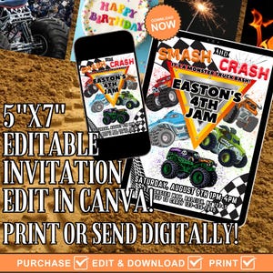 May include: A digital invitation for a monster truck-themed birthday party. The design features colorful monster trucks, the text "Smash and Crash," and "Easton's 4th Jam." The invitation is 5" x 7" and can be edited in Canva.