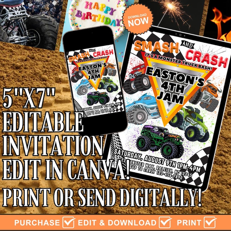 May include: A digital invitation for a monster truck-themed birthday party. The design features colorful monster trucks, the text "Smash and Crash," and "Easton's 4th Jam." The invitation is 5" x 7" and can be edited in Canva.