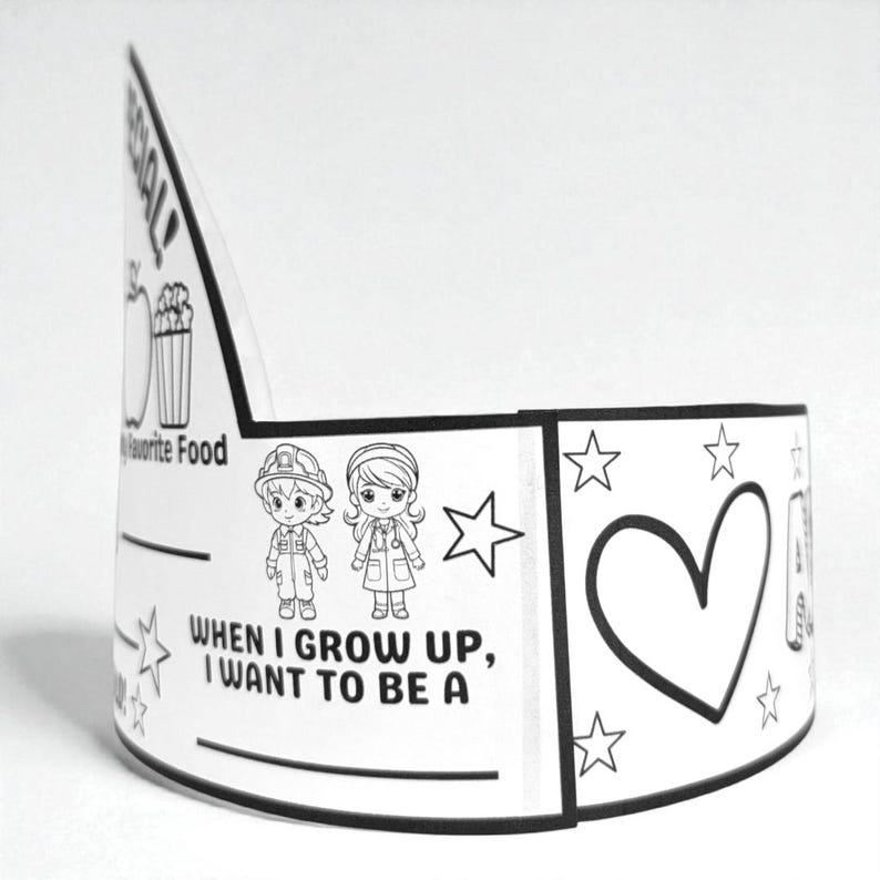 May include: A black and white paper crown with the text "WHEN I GROW UP, I WANT TO BE A". The crown features illustrations of a firefighter, a doctor, stars, a heart, and food. It is designed for colouring.