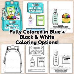 May include: A printable craft set featuring a backpack, water bottle, glue, crayons, and ruler with the text GOD made me SPECIAL. Includes both full-color and black-and-white versions with instructional sheets for assembling a paper school supply project.