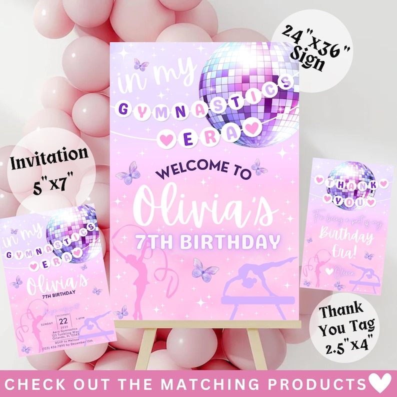 Puede incluir: Un cartel de bienvenida rosa y morado para una fiesta de cumplea&ntilde;os de 7 a&ntilde;os con una bola de discoteca, mariposas y el texto "Bienvenido a Olivia's 7th Birthday".