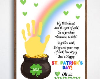 St. Patricks Day Handprint Art Poem, St. Patricks Day Crafts, Kids Toddlers St. Patricks Day Printables, Rainbow Pot of Gold Handprint Craft