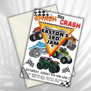 May include: A vibrant invitation for a monster truck-themed birthday party. The design showcases several monster trucks in different colours, with the text "SMASH AND CRASH" and "EASTON'S 3RD JAM". Includes event details.