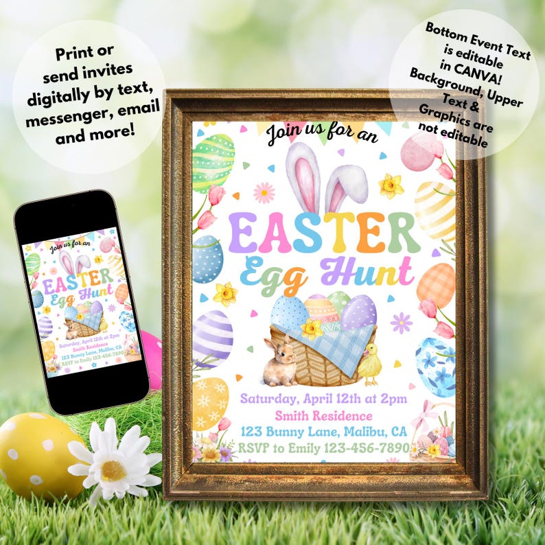 May include: Printable Easter Egg Hunt invitation with a cute bunny and chick in a basket. The invitation is decorated with colorful eggs and flowers. The text reads "Join us for an Easter Egg Hunt" and includes the date, time, location, and RSVP information.