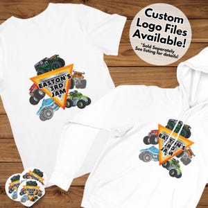 May include: White t-shirt and hoodie with a vibrant monster truck graphic and the words "EASTON'S 3RD JAM". The image also shows stickers with the same design and text. Text on the image says "Custom Logo Files Available!"