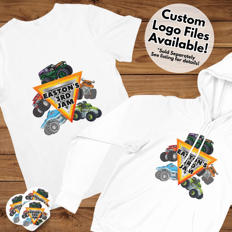 May include: White t-shirt and hoodie with a vibrant monster truck graphic and the words "EASTON'S 3RD JAM". The image also shows stickers with the same design and text. Text on the image says "Custom Logo Files Available!"
