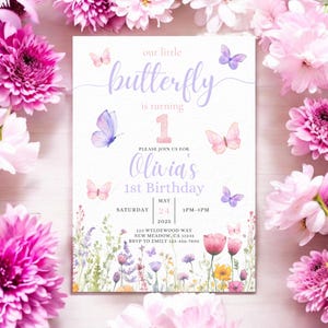 EDITABLE First Birthday Invite, 1st Birthday Invitation, Floral Butterfly Birthday Invitation, Butterfly Invite, First Birthday Girl Invite