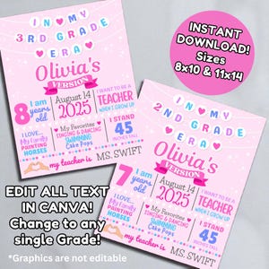 May include: Two pink printable posters with text, including "Olivia's Version" and "3rd Grade Era." One poster says "I stand 114 cm tall." The other says "I am 7 years old." A pink circle says "Instant Download! Sizes 20x25 & 28x35 cm."