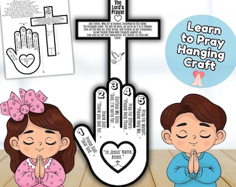 May include: A craft kit for a "My Little Prayer Mobile" with instructions, a cross, and a hand-shaped cutout with prayer prompts. Includes illustrations of children praying and the text "Learn to Pray Hanging Craft".