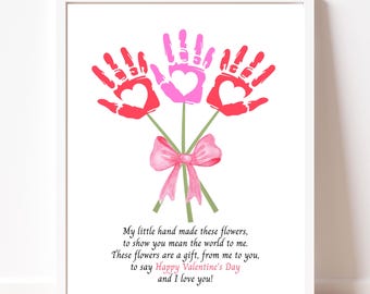 Valentine's Day Handprint Art, Handprint Craft, Printable Bouquet, Parent Gift Keepsake, Toddler Kids Preschool Daycare Valentines Day Craft