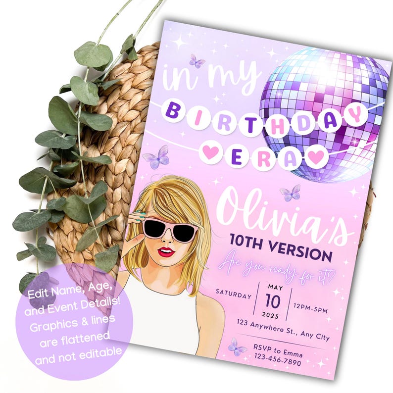 May include: A pink and purple birthday invitation with a disco ball and butterflies. The invitation says "in my birthday era" and "Olivia's 10th Version".