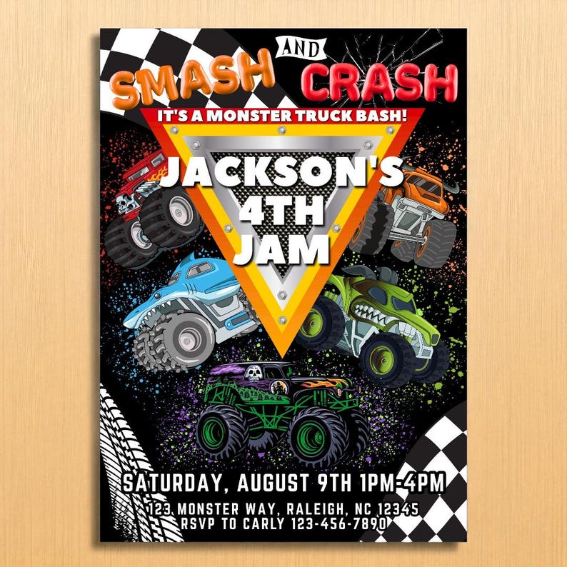 Puede incluir: Una colorida invitaci&oacute;n para una fiesta de cumplea&ntilde;os con tem&aacute;tica de monster trucks. El dise&ntilde;o presenta varios monster trucks en varios colores, el texto "SMASH AND CRASH" y los detalles del evento: "JACKSON'S 4TH JAM".