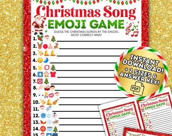 May include: A festive Christmas Song Emoji Game printable with a red glitter border. The game features a list of emojis to guess Christmas songs, with the text "Christmas Song Emoji Game" in red and green. Includes an answer key.