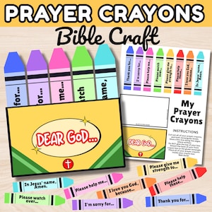 May include: A Bible craft kit for making prayer crayons. The kit features colourful crayon cutouts with phrases such as "Dear God...", "Thank you for...", and "I'm sorry for...". The kit also includes instructions and a box.
