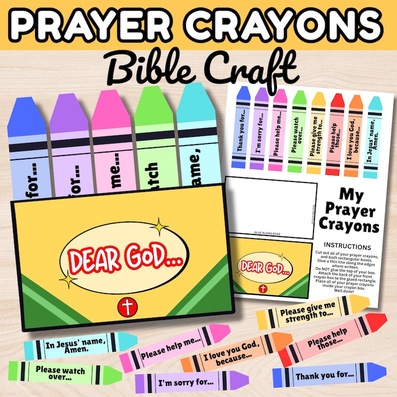 May include: A craft kit for making prayer crayons. The kit includes colorful crayon cutouts with phrases like "Dear God...", "Thank you for...", and "I'm sorry for...". The kit also includes instructions and a box for the crayons.