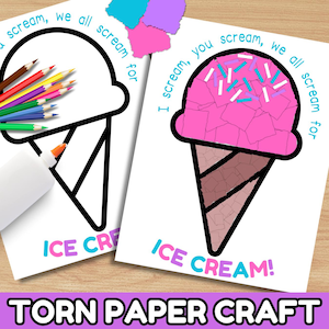 Kids Summer Crafts, Torn Paper Crafts, Ice Cream Craft, Easy Crafts for Summer, Crafts for Toddlers Coloring Pages, Daycare Preschool Crafts