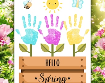 Arte de huellas de manos para la primavera, flores de huellas de manos para la primavera, arte de primavera para preescolar, manualidad de primavera para niños pequeños, feliz primavera con huellas de manos, arte de primavera para guarderías