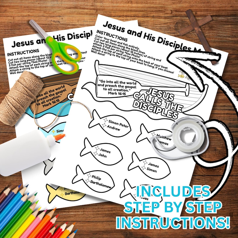 May include: A craft kit with instructions for a religious-themed activity. The image shows printed sheets with boat and fish outlines, text, and the phrase "Jesus Calls the Disciples." Includes colored pencils, scissors, glue, and twine.