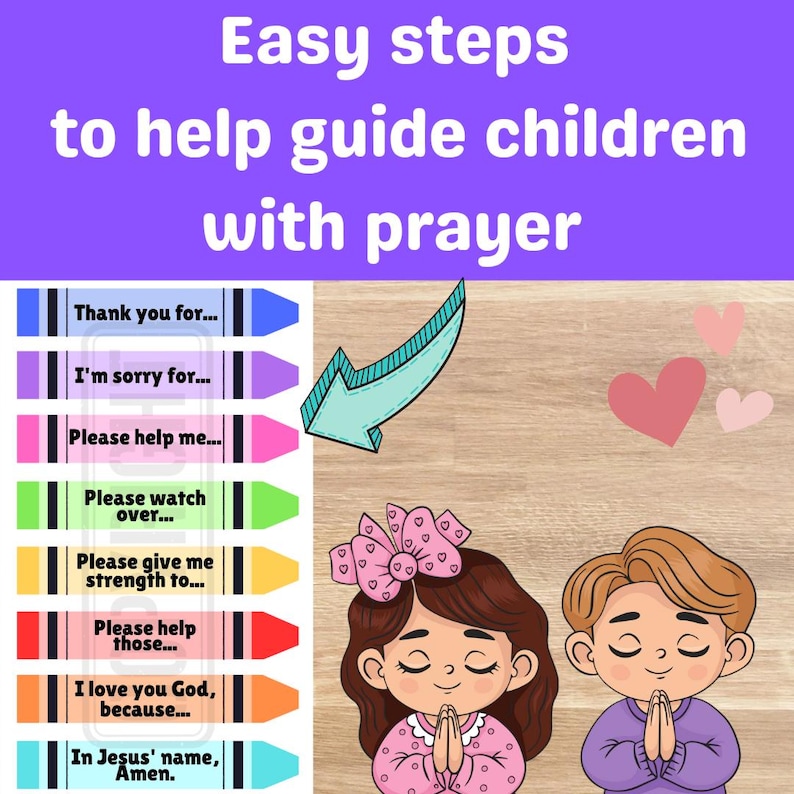 May include: An illustrated guide with the text "Easy steps to help guide children with prayer." The image includes colorful crayon-shaped prompts with phrases like "Thank you for..." and illustrations of children praying.