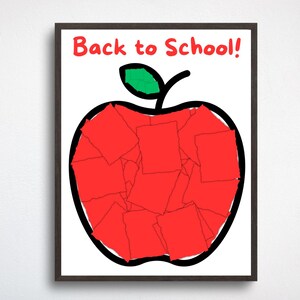 May include: A framed print featuring a large red apple design filled with red squares. The apple has a black outline, a green leaf, and a black stem. The words "Back to School!" are written in red at the top.