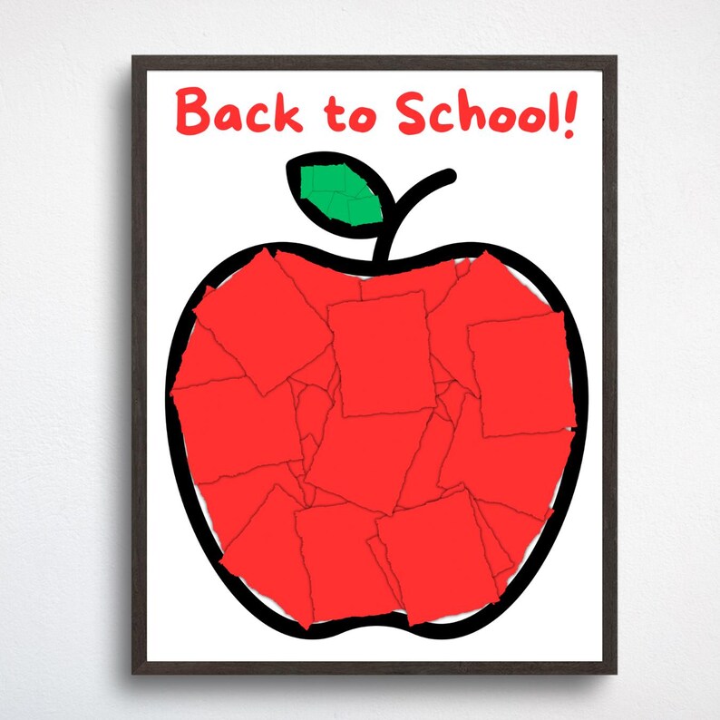 May include: A framed print featuring a large red apple design filled with red squares. The apple has a black outline, a green leaf, and a black stem. The words "Back to School!" are written in red at the top.