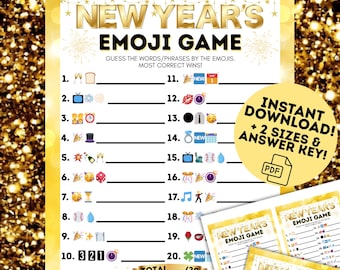 Może przedstawiać: Drukowana gra w emoji na Nowy Rok z tłem ze złotego brokatu. Gra zawiera listę emoji do odgadnięcia słów lub fraz. Gra zawiera również klucz odpowiedzi i jest dostępna w dwóch rozmiarach.