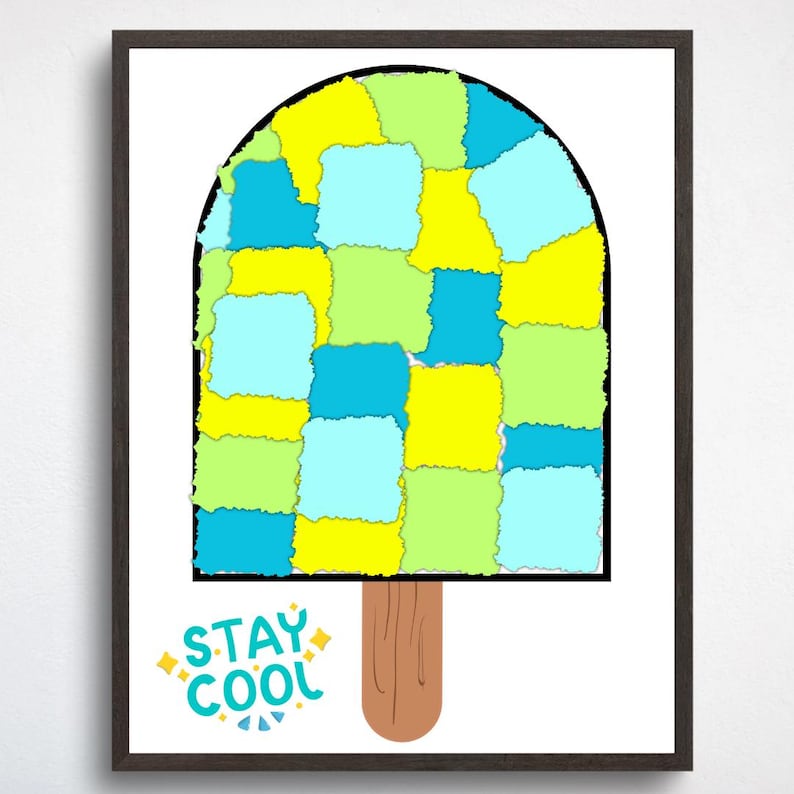 May include: A framed art print featuring a colorful popsicle design. The popsicle is composed of blue, green, and yellow squares, outlined in black, with a brown stick. The words "STAY COOL" are printed in a playful font.
