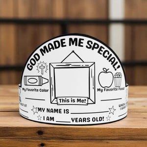 May include: A white, semi-circular crown with the text "GOD MADE ME SPECIAL!" and fill-in-the-blank sections for "My Favorite Colour," "This is Me!," "My Name Is," and "Years Old!" Includes illustrations of a crayon, apple, and popcorn.