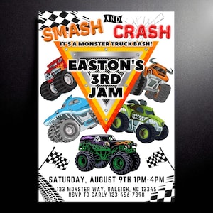 May include: A vibrant invitation for a monster truck-themed birthday party. The design showcases several monster trucks in different colours, with the text "SMASH AND CRASH" and "EASTON'S 3RD JAM." Includes event details: date, time, location, and RSVP information.