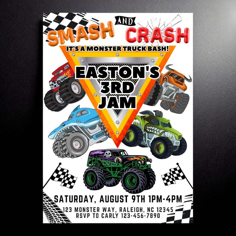 May include: A vibrant invitation for a monster truck-themed birthday party. The design showcases several monster trucks in different colours, with the text "SMASH AND CRASH" and "EASTON'S 3RD JAM." Includes event details: date, time, location, and RSVP information.