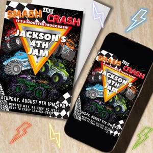 Puede incluir: Una invitaci&oacute;n a una fiesta con el texto "Smash and Crash" y "Jackson's 4th Jam" con ilustraciones de camiones monstruo coloridos. La invitaci&oacute;n incluye los detalles del evento y se muestra en un tel&eacute;fono inteligente.