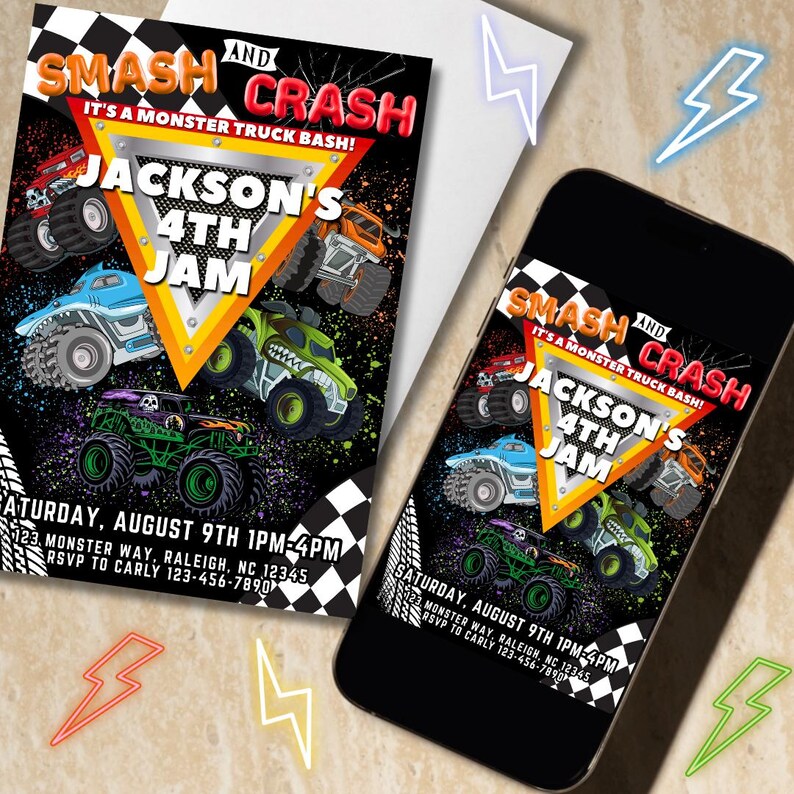 Puede incluir: Una invitaci&oacute;n a una fiesta con el texto "Smash and Crash" y "Jackson's 4th Jam" con ilustraciones de camiones monstruo coloridos. La invitaci&oacute;n incluye los detalles del evento y se muestra en un tel&eacute;fono inteligente.