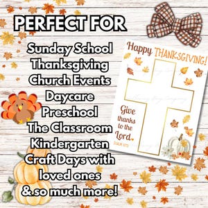 Puede incluir: Imprimible con tem&aacute;tica de Acci&oacute;n de Gracias con un dise&ntilde;o de cruz, calabazas y hojas de oto&ntilde;o. El texto incluye "Happy Thanksgiving" y "Give thanks to the Lord." Ideal para actividades escolares y de clase.