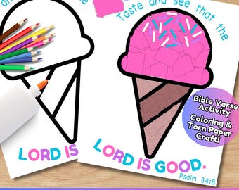 Puede incluir: Dos páginas para colorear de conos de helado con el texto "Probad y ved que el Señor es bueno." Un cono está delineado, el otro está relleno de papel rosa. Incluye lápices de colores y pegamento.