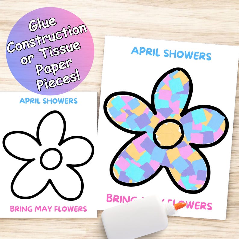 May include: Two printable flower templates for a craft activity. The first template is a black outline of a flower with the text "APRIL SHOWERS BRING MAY FLOWERS". The second template shows a completed flower with a colorful tissue paper collage. The text "APRIL SHOWERS BRING MAY FLOWERS" is also on this template.