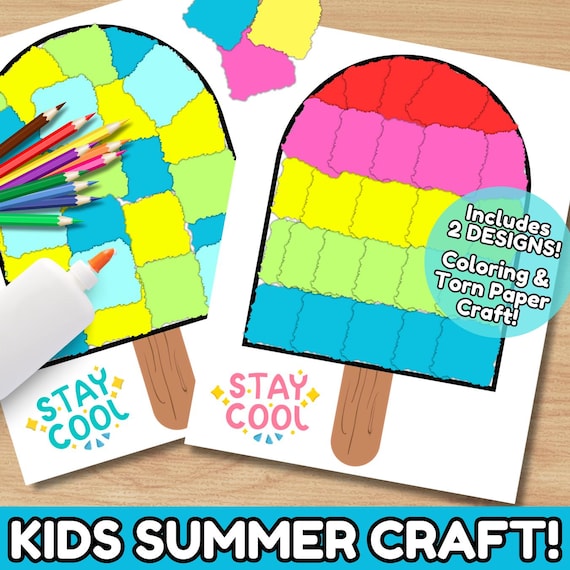 Kids Summer Crafts, Torn Paper Crafts, Popsicle Craft, Easy Crafts for Summer, Crafts for Toddlers Coloring Pages, Daycare Preschool Crafts