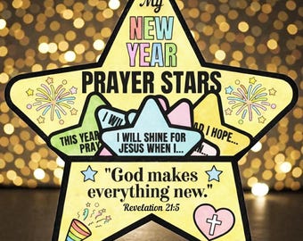 Może przedstawiać: Żółta gwiazda w kształcie rzemiosła z czarnymi słowami "My New Year Prayer Stars". Mniejsze wycięcia w kształcie gwiazd zawierają frazy takie jak "I will shine for Jesus when I..." i "God makes everything new". Kolorowe fajerwerki i serce z krzyżem są również widoczne.