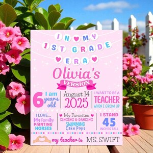 May include: A pink sign with the text "In My 1st Grade Era Olivia's Version." It includes information about a child, including her age, birthday, favorite things, and height of 114 cm. The sign is decorated with hearts and flowers.
