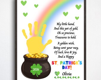 St. Patricks Day Handprint Art Poem, St. Patricks Day Crafts, Kids Toddlers St. Patricks Day Printables, Rainbow Pot of Gold Handprint Craft