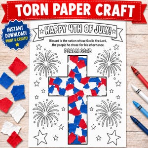 4th of July Craft Fourth of July Sunday School Lesson for Kids Christian July 4th Printable Activity Torn Paper Preschool Daycare Toddler