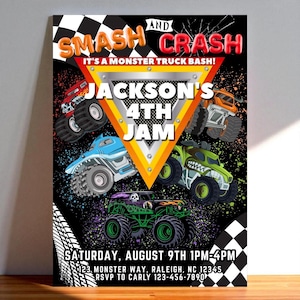 Puede incluir: Un colorido p&oacute;ster para una fiesta de cumplea&ntilde;os con tem&aacute;tica de monster trucks. El dise&ntilde;o presenta varios monster trucks de varios colores, con el texto "SMASH AND CRASH" y "JACKSON'S 4TH JAM". La fecha y la hora tambi&eacute;n est&aacute;n incluidas.