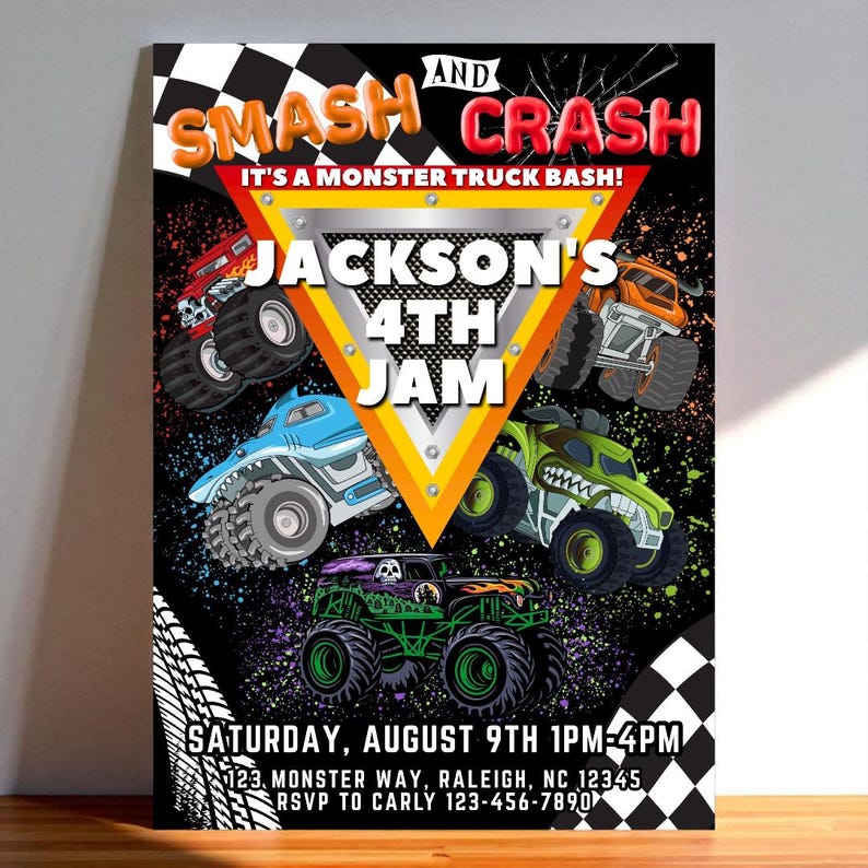 Puede incluir: Un colorido p&oacute;ster para una fiesta de cumplea&ntilde;os con tem&aacute;tica de monster trucks. El dise&ntilde;o presenta varios monster trucks de varios colores, con el texto "SMASH AND CRASH" y "JACKSON'S 4TH JAM". La fecha y la hora tambi&eacute;n est&aacute;n incluidas.