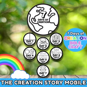 7 Days Of Creation Mobile Bible Story Coloring Craft For Kids, Sunday School Christian Homeschool Activity Printable Craft, Religious Crafts
